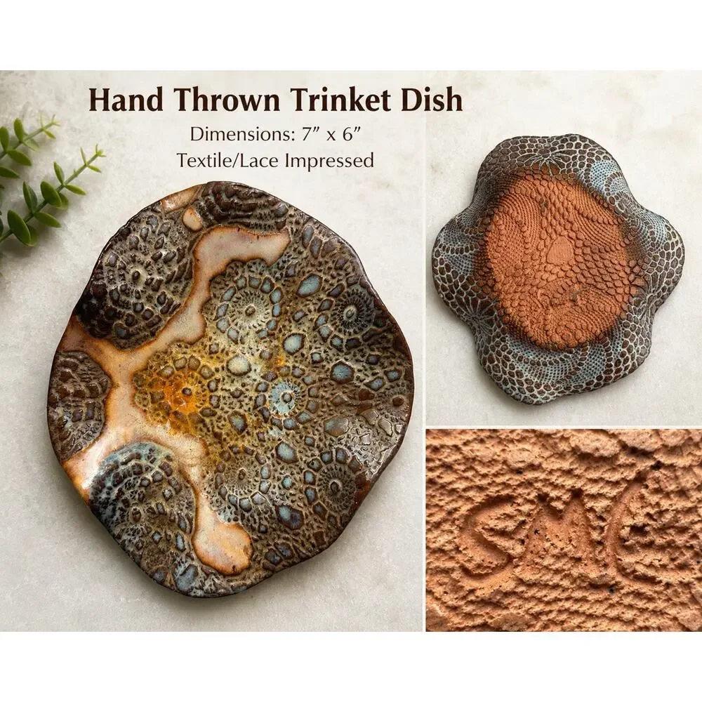 Pottery Trinket Tray Jewelry Holder Home Decor Art Hand thrown 4 Star Stamps SMC
